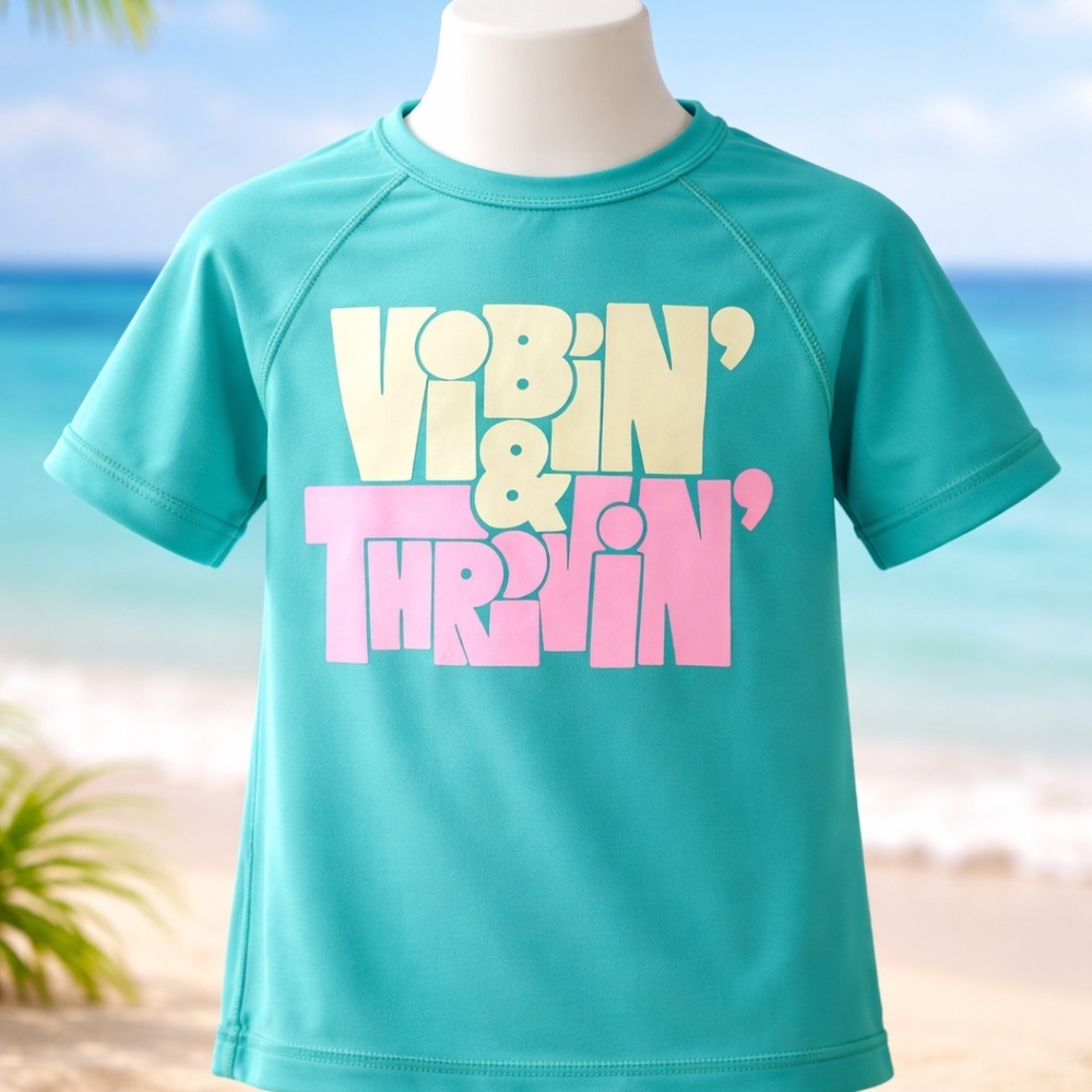 Old Navy Kids Rashguard 4/5 Teal Graphic Swim Top Short Sleeve
